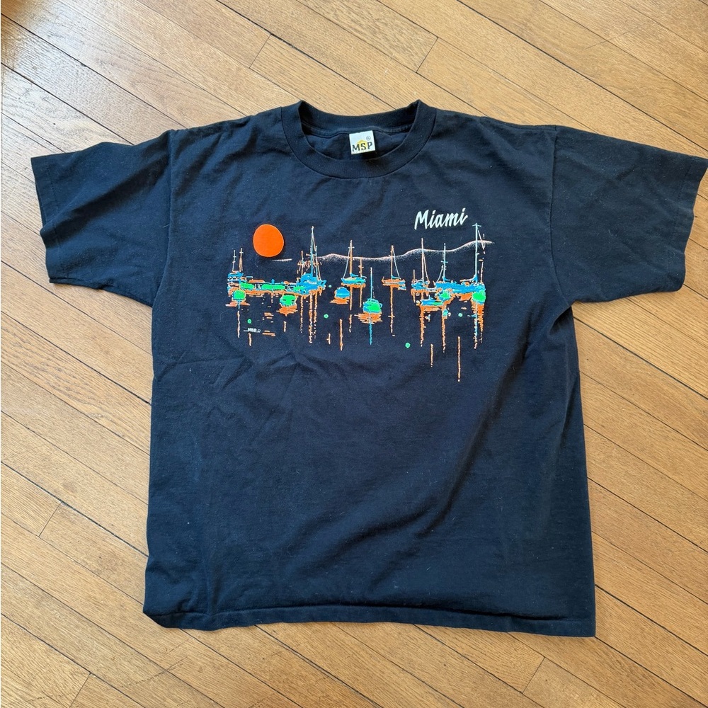 VTG 80s 90s Miami Marina Neon Black Tee XL